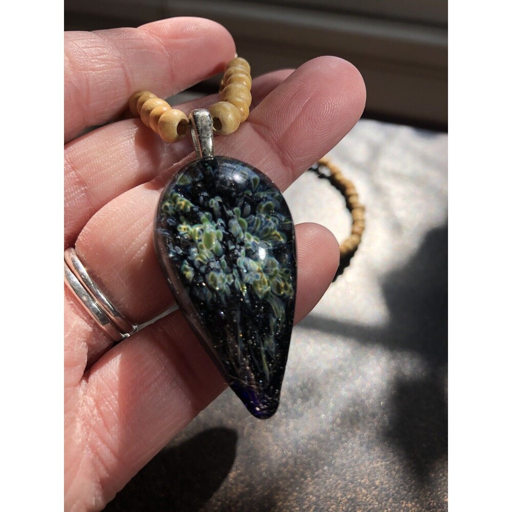 Boro Art Glass Pendant On 19" Wooden Bead Necklace Boho Style Artisan Made 2008 - Picture 7 of 14